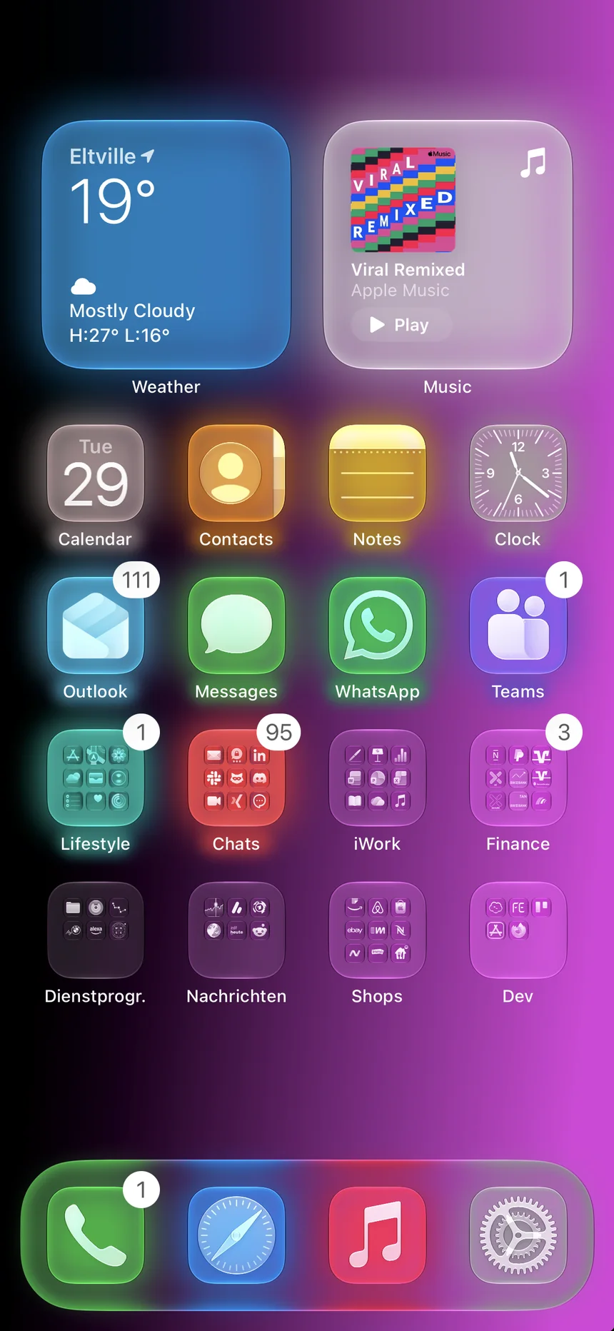Home Screen with a black to magenta gradient and glowing Clear icons and widgets