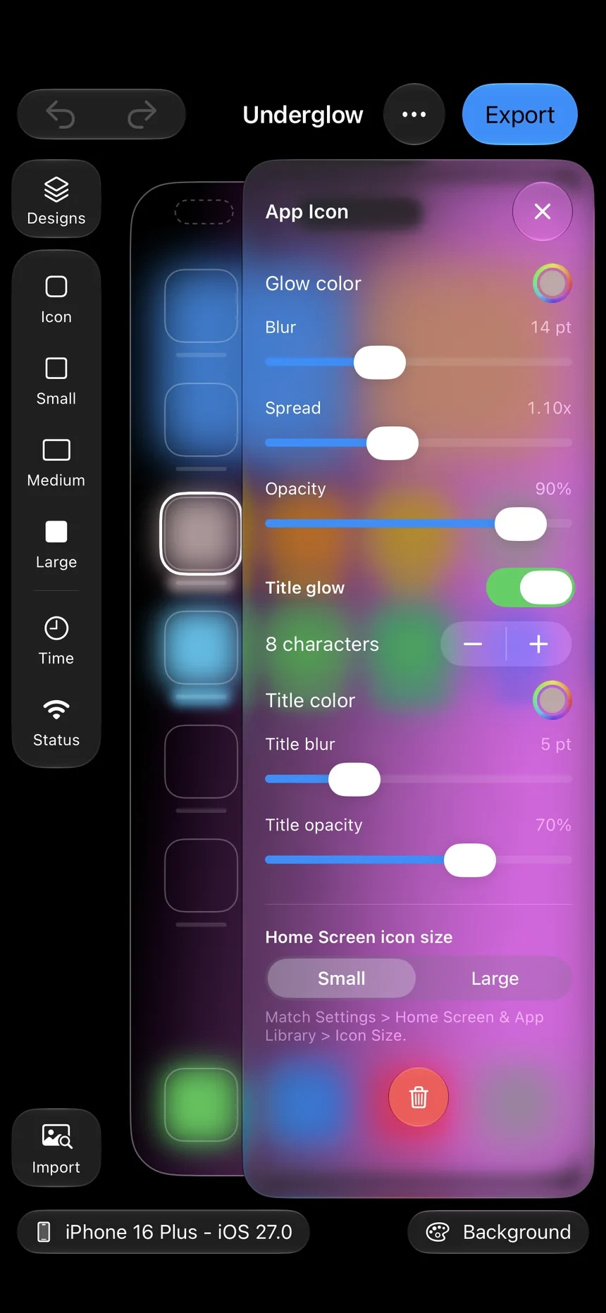 The glow inspector with color, blur, spread and opacity controls
